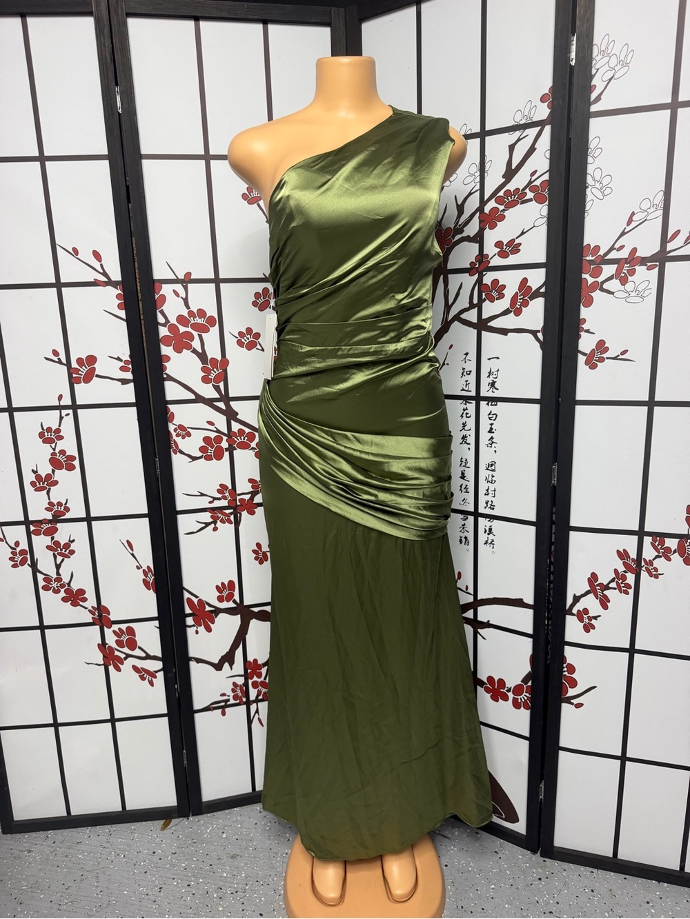 8 Other Reasons Olive Green One-Shoulder Satin Evening Gown